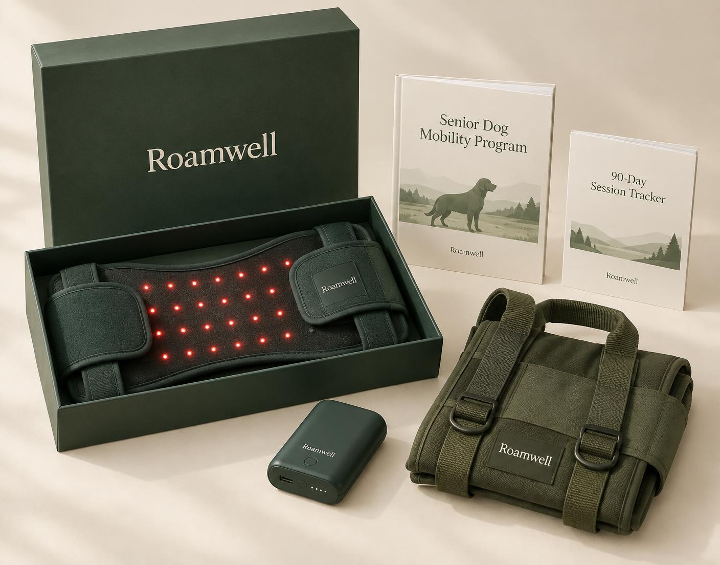 Roamwell Recovery Kit flat-lay with an open forest-green gift box, glowing light wrap, two mobility guides, cordless power pack, and folded assist sling
