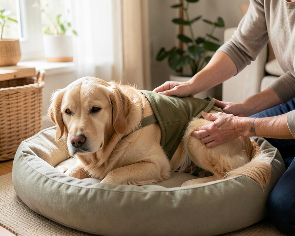 Hands fastening the wrap strap over a senior Golden's hip on a dog bed