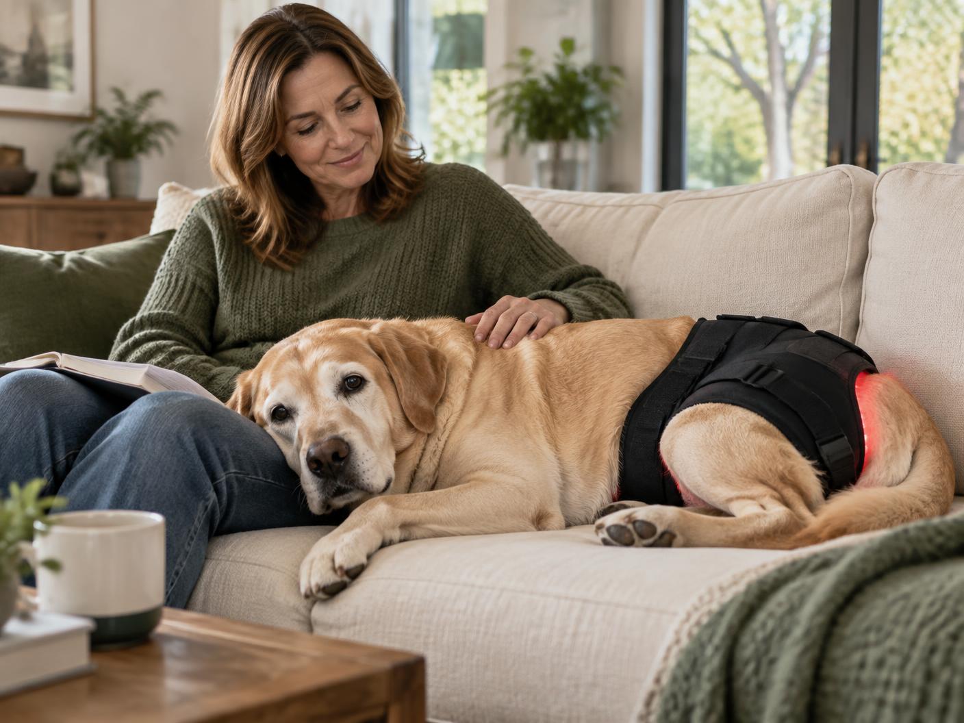 Senior Lab on the couch, wrap on her hip with a soft red glow, owner beside her