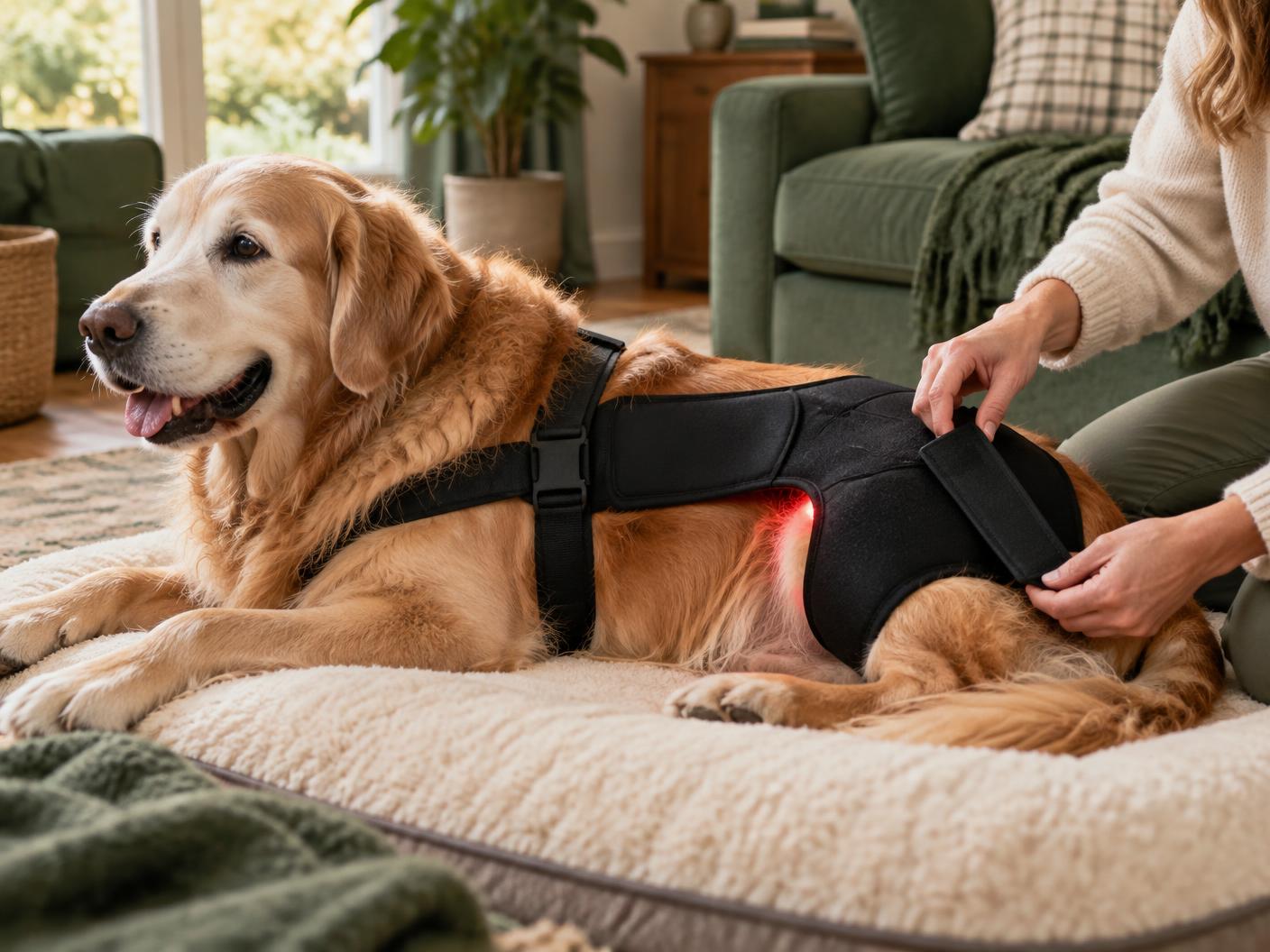 Hands fastening the wrap strap over a senior Golden's hip on a dog bed