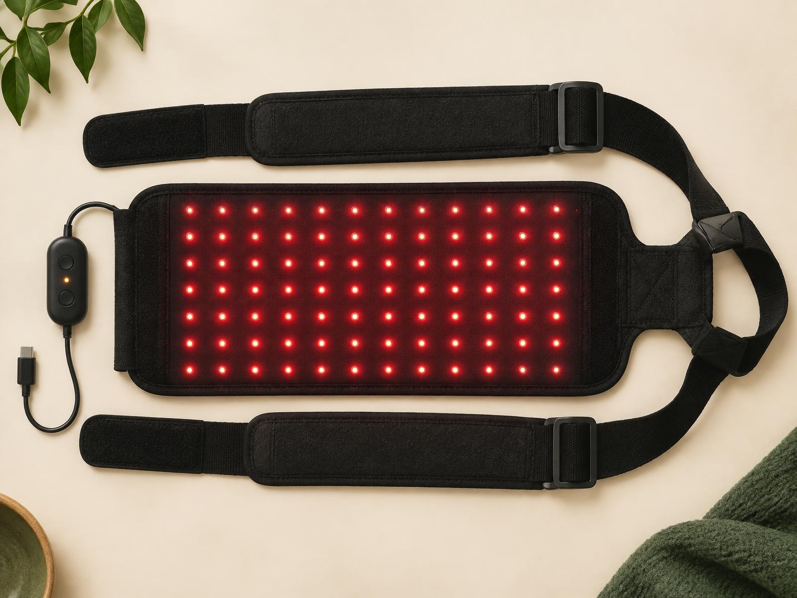 Roamwell light wrap laid flat: black neoprene pad with glowing red LEDs, one-button controller, two long padded straps